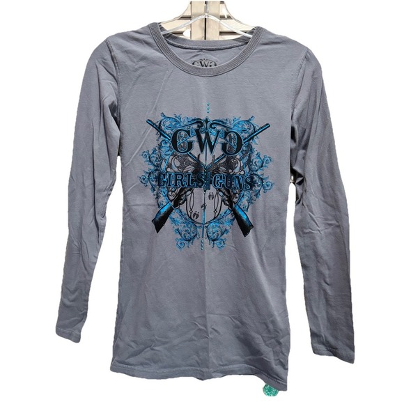 CWC Gray/Teal Graphic "Girls With Guns" Long Sleeve Shirt Crew Size XS Logo - Picture 1 of 8